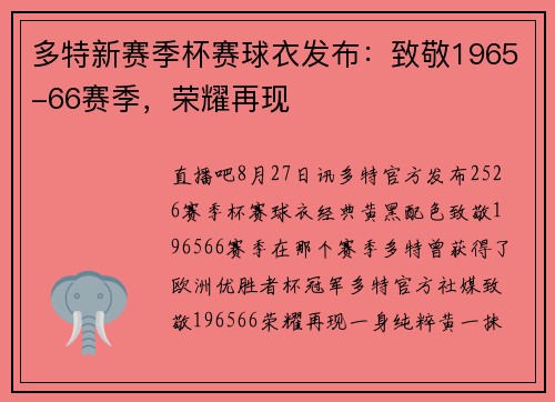 多特新赛季杯赛球衣发布：致敬1965-66赛季，荣耀再现